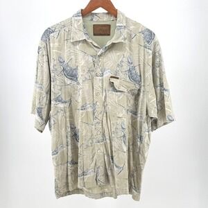 Clearwater Outfitters Mens Marlin Fish Print Fishing Shirt Tan Blue XL Short Slv